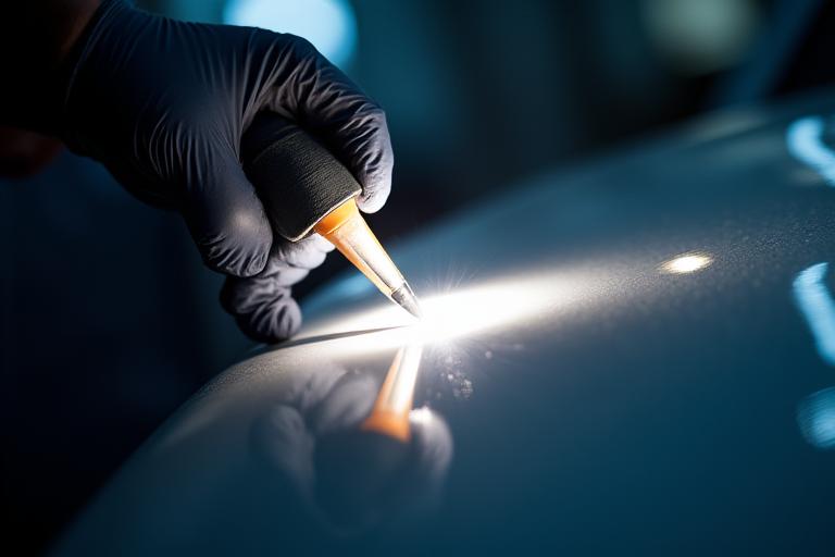 A detailer inspecting car paint with a special light.