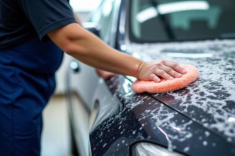 A team member carefully hand washing a car.